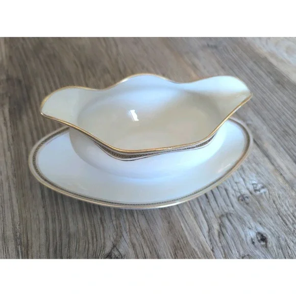 LIMOGES, FRANCE gold encrusted M. REDON 10" Gravy Boat Attached Under Plate - Picture 1 of 16